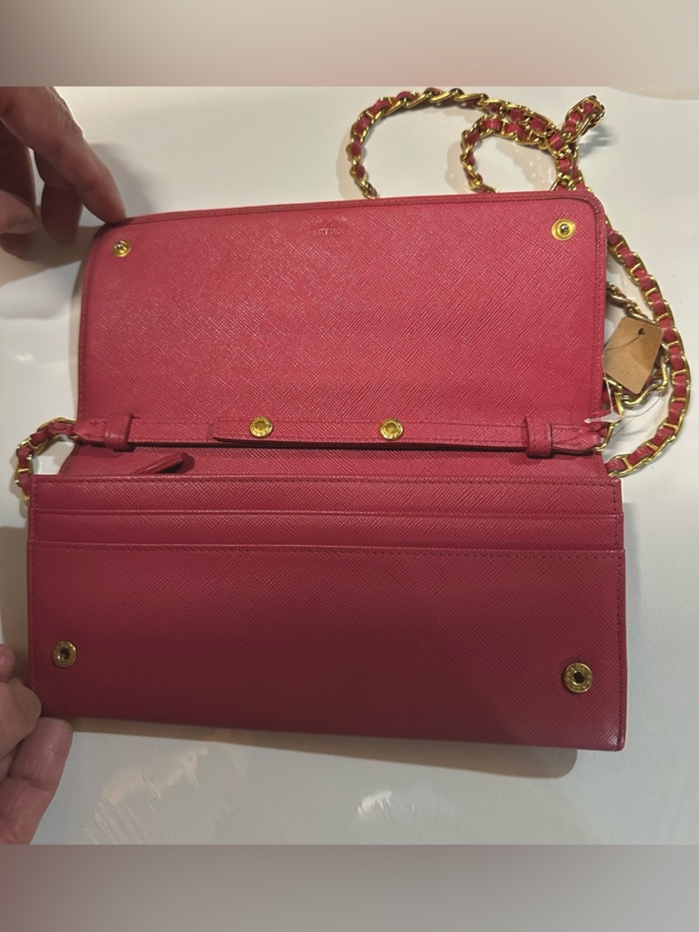 PRADA Fuchsia Saffiano Crossbody Wallet with Chain Strap - Picture 3 of 5